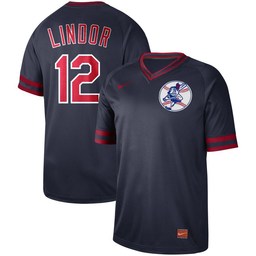 Men Cleveland Indians #12 Lindor Dark blue Nike Cooperstown Collection Legend V-Neck MLB Jersey->cleveland indians->MLB Jersey